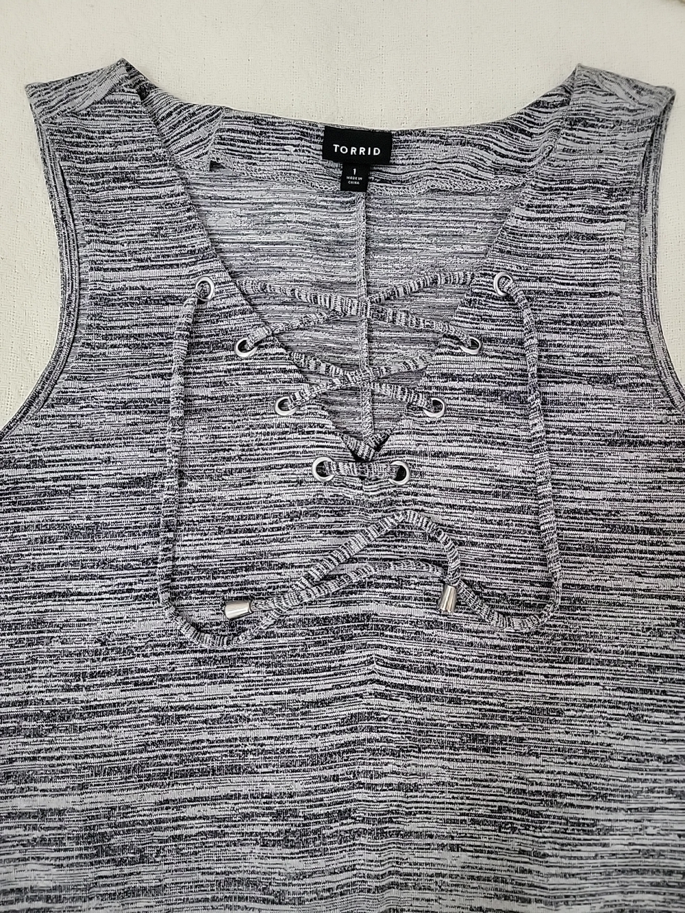 Torrid Size 1X Gray Space Dye V- Neck Knit Lace Up Neck Sleeveless Shift Dress 1 - Picture 7 of 8